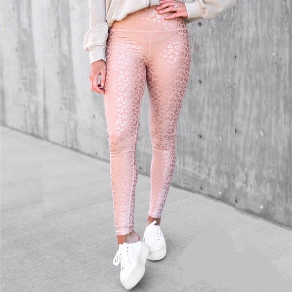 Mono B Leopard Blush Pink Silver Leggings Tummy Tuck Size M New - Picture 4 of 13